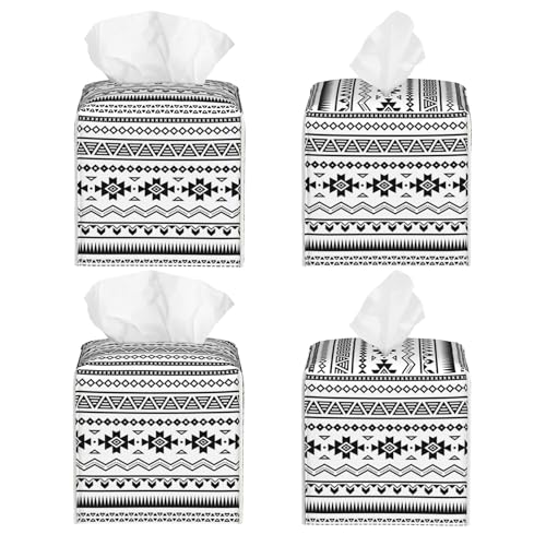 Boho Black White Geometric Tissue Box Cover Square,Abstract Tribal Symbol Tissue Box Holder Waterproof Leather Facial Paper Organizer Dispenser for Bathroom Home Car Nightstand Vanity Desk - color: Color-7