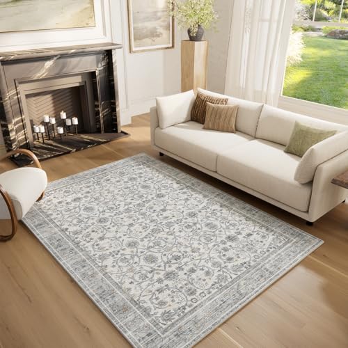 Machine Washable Rugs for Living Room: 5x7 Area Rugs for Bedroom | Ultra Soft,Non-Slip,Low Pile,Vintage Distress,Boho,Large,Carpet,High-Traffic,Dining Room,Nursery,Farmhouse Decor - color: Beige/Grey/Multi, size: 5' x 7' (Rectangular)