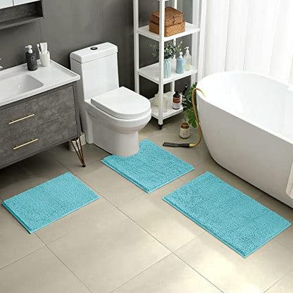 HOMEIDEAS 3 Pieces Bathroom Rugs, Ultra Soft Non Slip Absorbent Chenille Toilet Bath Mat Set (Aqua Blue) - color: Blue-aqua Blue, size: 17"x24"+20"x32"+U Shape 20"x24"