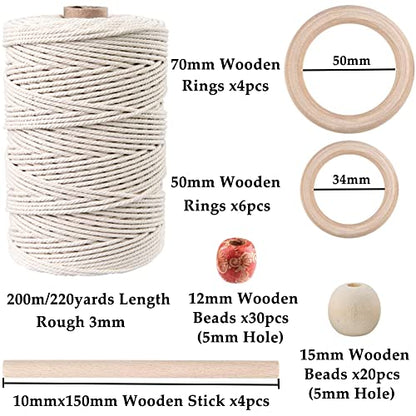 87pcs Macrame Kits for Beginners 3mm x 220yards Natural Cotton Macrame Cord Wall Hanging Kit, Macrame Supplies Best for Macrame Plant Hanger with Wooden Beads,Wooden Rings - size: 3mm x 220yards set-87pcs