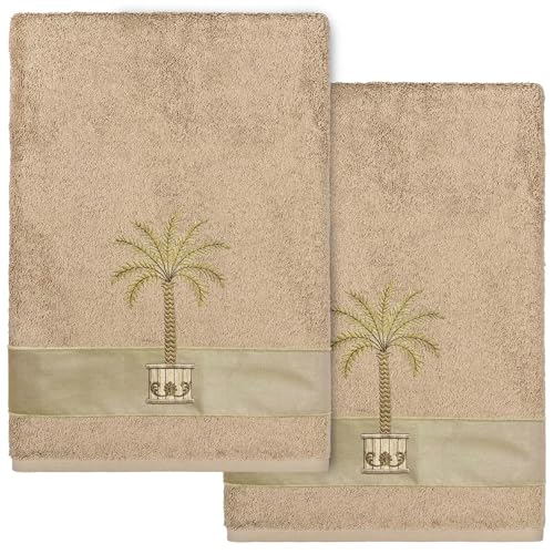 Golden Palm Embellished Towels-Sesame-2 Pcs Bath Towel