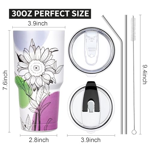 30 oz Tumbler with Lids and Straws Double Wall Insulated Tumbler Cup,Stainless Steel Leak-proof Thermal Coffee Tumbler Powder Coated Travel Mug for Cold and Hot Beverages,Sunflower - color: Sunflower, size: 30 Ounces