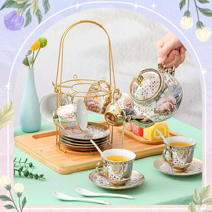 Zhehao 20 Pcs Porcelain Tea Set with Metal Holder and Spoon Adult Ceramic Tea Set European Flower Painting Teapot Cup Saucer Spoon for Women Mom Gift, Large Version (Rustic Style) - color: Rustic Style