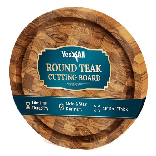 Yes4All Round Teak Cutting Boards for Kitchen, [16"D x 1"Thick] End Grain Cutting Board, Teak Wood Serving Board, Food Safe Surface for Slicing and Serving, Wood Charcuterie Board with Build In Handle - size: 16"L x 1"W, style: Teak