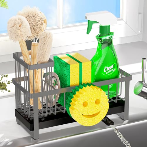 Sponge Holder for Kitchen Sink,Sink Caddy with Removable Dish Brush Holder,Self-Draining Kitchen Countertop Organizers and Storage Essentials,Soap Dispenser Organize and Home Decor-Gray - color: Gray-tray