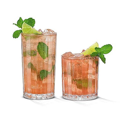 JoyJolt Drinking Glasses Set of 8, Alina Ribbed Glassware. 12oz Rocks Glass and 14oz Highball Glass set. Cocktail Glasses, Iced Coffee Cup or Water cups. Heavy Base Glassware Set - style: Fluted Glasses
