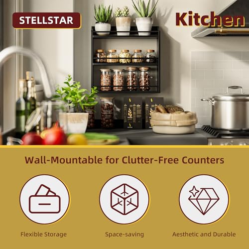 STELLSTAR Bamboo Spice Rack Wall Mount or Tabletop Holder, 3-Tier Shelf for Seasoning Bottles Organizer, Medicine Holder (Black) - color: Black