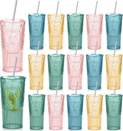 16 Set 20oz Vintage Plastic Tumbler with Lids and Straws Ribbed Floral Drinking Glasses Reusable Iced Coffee Cups for Water Juice Smoothie Cocktail Travel Party Events Gift (Mixed Color) - color: Mixed Color