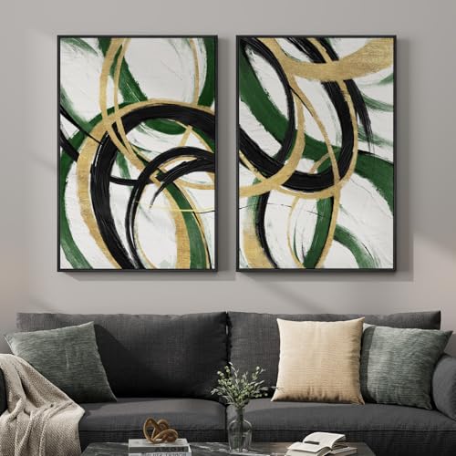 Framed Green Abstract Wall Art Set of 2 for Living Room, Large Green Gold and Black Canvas Artwork for Walls, Modern Luxury Painting Print for Bedroom Dining Room Office Hallway Wall Decor, 24x36 Inch - color: Green Black Gold