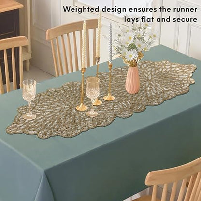Gold Beaded Table Runner, Metallic, 13x36 | 85% glass beads, 15% polyester backing, handcrafted, shimmering metallic finish, weddings, Christmas, wipe-clean care - color: Silver Golden, size: 36"x13"