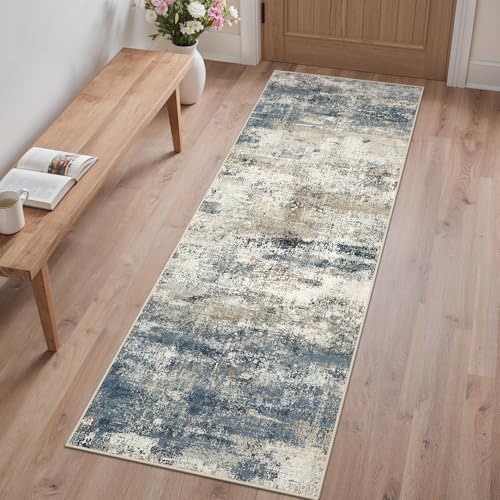GENIMO 2x6 Runner Rug Non Slip Washable for Hallway Entryway Navy Blue Gray | Modern Abstract, Lightweight Low Pile Thin Carpet, Spill and Stain Resistant Soft Mat for Kitchen Floor, Laundry Room Bedroom - color: Navy Blue Gray, size: 2' x 6' (Rectangular