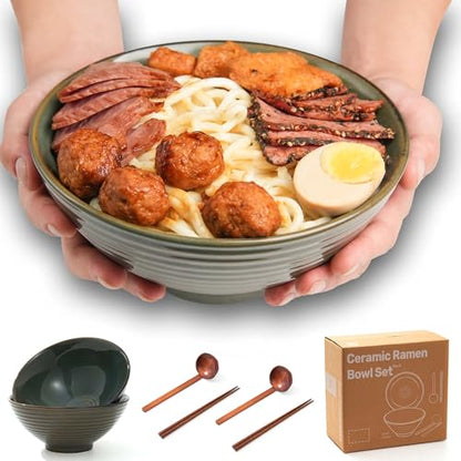 8 Inch Ceramic Ramen Bowl Set of 2, 40oz Japanese Bowls with Spoons & Chopsticks,Durable,Microwave & Dishwasher Safe,Perfect for Ramen,Pho,Salad,Soup,Noodles，Mixing bowls（Dark Teal） - color: Dark Teal