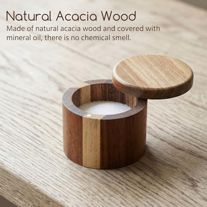 Grevosea Salt Cellar, Acacia Wood Salt Container with Swivel Magnetic Lid | Elegant Kitchen Salt Container Holder for Pepper Spice Bath Salt Sea SaltStorage 360° Rotating Countertop Box 6oz