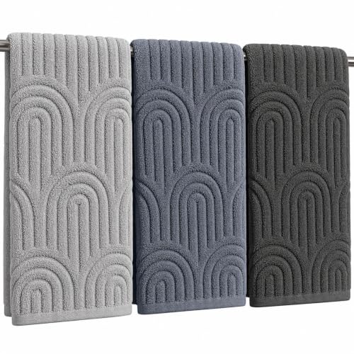 Tegeme 3 Pcs Hand Towel for Bathroom Boho Decorative Arch Striped Cotton Grey Hand Towels 15.4'' x 28.3'' Gray Soft Absorbent Towel Bathroom Decor for Kitchen Hotel Spa Salon Gift - color: Gray