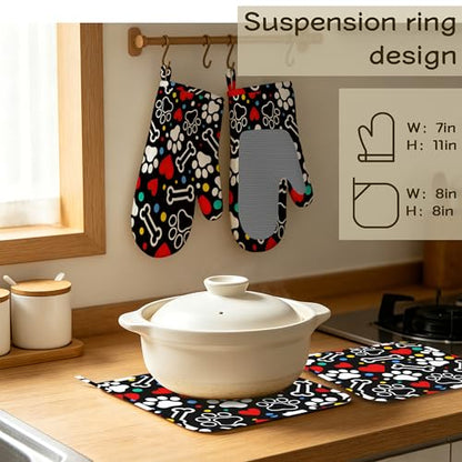 Colorful Dog Paw Oven Mitts and Pot Holders Sets Silicone Kitchen Mitts Potholders Heat Resistant 4Pcs Oven Gloves Hot Pads for Kitchen Baking Cooking - color: Colorful Dog Paw