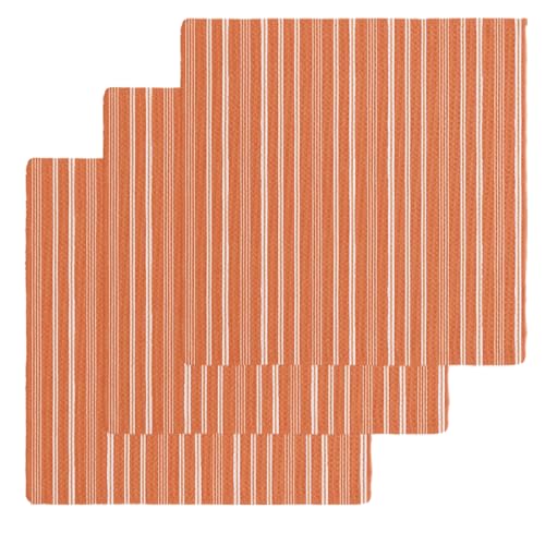 Orange Red Striped Dish Towels Set, Waffle Weave Kitchen Towels 3 Pieces, Farmhouse Stripes Modern Vintage Microfiber Hair Face Bath Tea Towel Absorbent Quick Drying Cleaning Dish Cloths, 12"x12" - color: Coral, Rust, White, size: 3PCS,12"x12"