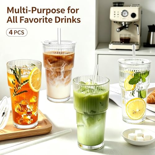 4PCS 20oz Glass Cups with Lids and Straws, Iced Coffee Cups with Lids, Stylish Ribbed Thick Drinking Glasses Tumbler for Juice, Smoothies, Cold Beverages, Cute Cup Gifts with Clean Brush - color: Clear Glass 4PCS