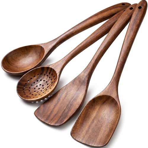 4-Piece Teak Wooden Spoons for Cooking - Wooden Utensils Set | Easy to Clean, Durable, Non-stick, Smooth with Comfort Grip - Non Toxic Wooden Kitchen Cookware Utensil Sets - size: 4Pcs