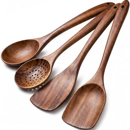 4-Piece Teak Wooden Spoons for Cooking - Wooden Utensils Set | Easy to Clean, Durable, Non-stick, Smooth with Comfort Grip - Non Toxic Wooden Kitchen Cookware Utensil Sets - size: 4Pcs