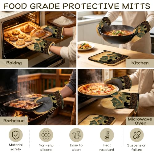 Retro Bear Mountain Oven Mitts and Pot Holders Sets of 4, Heat Resistant Silicone Oven Mitts Gloves Non-Slip Kitchen Mittens Potholders for Cooking Baking Grilling BBQ - color: Retro Bear Mountain