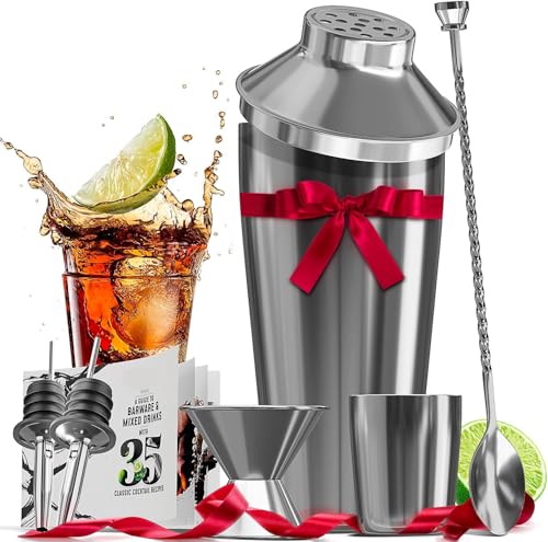 Bar Set Cocktail Shaker Set Bartender Kit, 8 Piece Silver Cocktail Set, Mixology Bartender Kit, Steel Drink Shakers Cocktail Kit, Bar Accessories: 24oz Martini Shaker, Muddler, Cocktail Book and More - color: Silver, size: 8 Piece