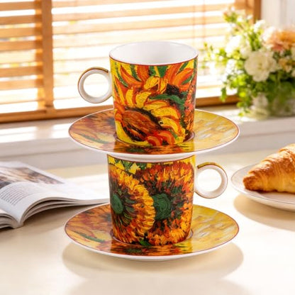 KAMMAK Tea Cups and Saucers Set of 2, Porcelain Coffee Cups, JBE006 | Stackable Espresso Mugs, Ceramic Demitasse for Coffee, Cappuccino, Latte, Americano, Tea - size: 8CZJBE006
