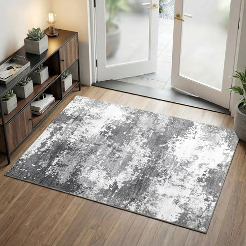 2x4 Grey Washable Porch Rug Welcome Door Mat Entrance 24x48 | Small Runner Rugs for Kitchen Floor, Bath, Front Door, Bedroom Bedside, Non-Slip Low Pile Stain & Fade Resistant, Abstract - color: Grey, size: 2' X 4' (Rectangular)