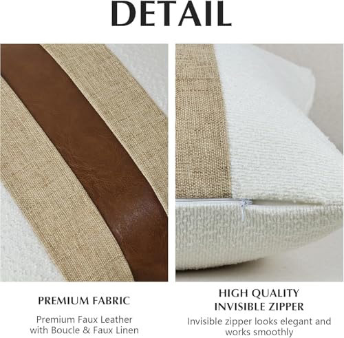 Boucle Pillow Covers with Faux Leather Accents 18"x18" Set of 2, White and Khaki Decorative Pillow Covers with Faux Linen Patchwork Modern Farmhouse Cushion Covers for Couch Sofa Bed Home | Set of 2 Modern Brown Faux Leather Pillow Covers, Boho Farmhouse