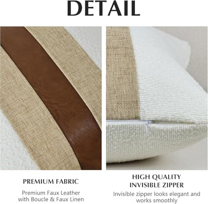 Boucle Pillow Covers with Faux Leather Accents 18"x18" Set of 2, White and Khaki Decorative Pillow Covers with Faux Linen Patchwork Modern Farmhouse Cushion Covers for Couch Sofa Bed Home | Set of 2 Modern Brown Faux Leather Pillow Covers, Boho Farmhouse