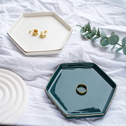 HANKOR 4.7 inch Ceramic Jewelry Dish Tray, Small Ring Holder Dish, White Catch All Trinket Tray for Keys Rings Earrings - color: White