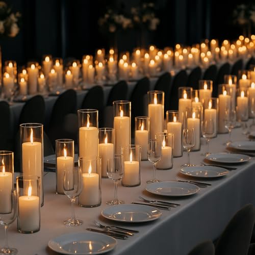 Set of 24 White Pillar Candles with Clear Glass Hurricane Holders- Elegant Cylinder Candle Vases for Weddings, Parties, Centerpieces, Home & Office Decor (White, 24 Set) - color: White, size: 24 SET