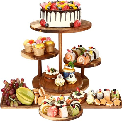 Hushee 4 Pcs Wood Round Cupcake Tower Stand with Serving Platters Trays Set, 4 Tier Wooden Cake Stand Tray with 1 Round Dinner Plate 2 Rectangular Plates for Dessert Snack Party(Brown)