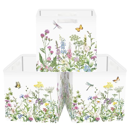 Clastyle 11.8" Flower Storage Basket Set of 3 for Kid Women Toy Clothes Bin | Collapsible Fabric Book Bin, Metal Frame Bottom Board, Cube Organizer, Closet Nursery Pantry Shelf Bedroom, Meadow Floral - color: Green