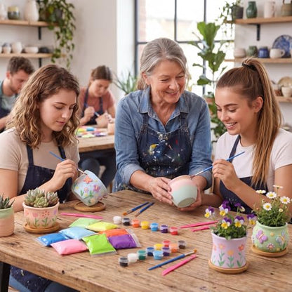 10 Pcs 3.5 Inch Mini Succulent Pots with Bamboo Tray Paint Your Own Ceramic Pot Craft Kit Ready-to-paint Small Planters Container with Drainage Hole Paint Set Clay Kit DIY Craft for Plant Lover