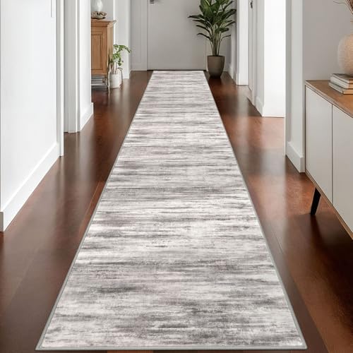 KOZYFLY Modern Abstract Washable Rug Runner 2.6x16 Hallway Rug Runner Non-Slip Soft Kitchen Runner Rugs, Grey/Light Beige/Brown Striped Carpet for Stair Entryway Bathroom - color: Grey/Light Beige/Brown, size: 2'8" x 16' (Runner)