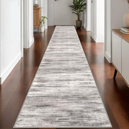 KOZYFLY Modern Abstract Washable Rug Runner 2.6x16 Hallway Rug Runner Non-Slip Soft Kitchen Runner Rugs, Grey/Light Beige/Brown Striped Carpet for Stair Entryway Bathroom - color: Grey/Light Beige/Brown, size: 2'8" x 16' (Runner)