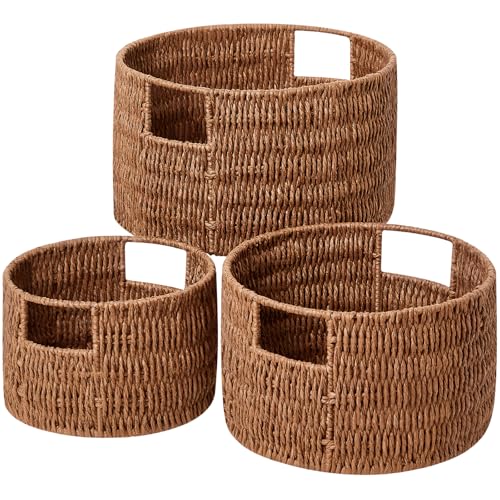 Wicker Storage Basket, Hand-Woven Paper Rope Large Round Woven Basket With Handles, Wicker Baskets for Organizing/Storage, Brown, 3-Pack - color: Round Paper Rope(Brown)