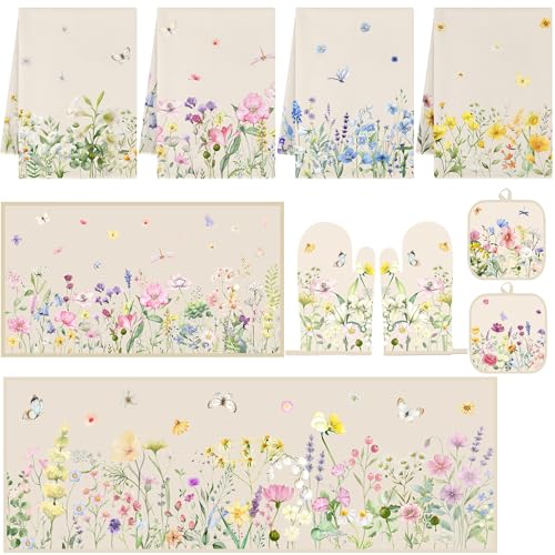 10 Pcs Kitchen Decor and Accessories Set, Floral | Wildflower Butterfly 4 Dish Towels Kitchen Rugs 2 Oven Mitts 2 Pot Holders, Home Decor for Cooking Baking BBQ Housewarming - color: Watercolor Flower