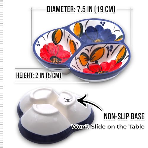 3-Compartment Ceramic Serving Dish, Handmade in Spain | 7.5” divided chip and dip bowl with lead-free glaze, microwave, oven and dishwasher safe, ideal for tapas, snacks and sauces - color: Fiesta Flower
