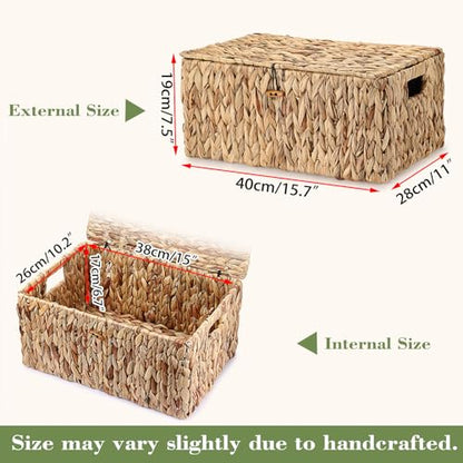 Large Wicker Basket with Lid, Natural Water Hyacinth Storage Baskets with Built-in Handles Woven Decorative Box for Shelf Pantry Laundry, Home Organizer, 15.7"x11"x7.5" - size: 15.7"L x 11"W x 7.5"H