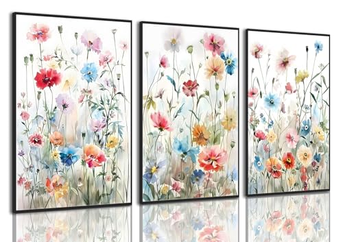 KISSFOX Framed Colorful Wildflower Canvas Wall Art Set Of 3 Flowers Pictures Prints Flowers Printing Floral Watercolors Flower wall Decor Living Room Girls Bedroom Bathroom - color: Grey Blue, size: 16x24 In Black Framed