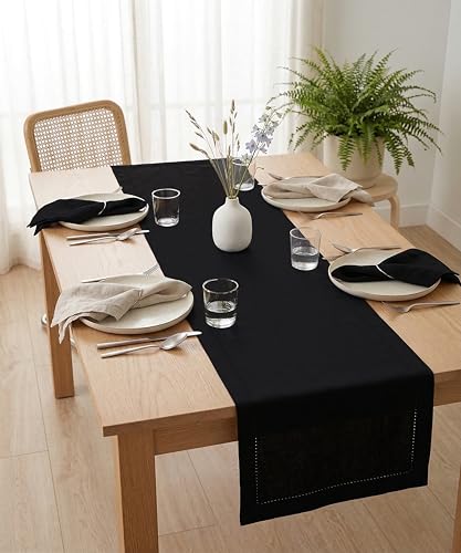 Black Table Runner - Hemstitch Detail - 100% Cotton Durable Washable Fabric - Ideal for Spring Easter Summer, Perfect as 6 ft Table Linen - Solid Hemstitch - 14 x 72 Inch - size: 14 x 72 Inch
