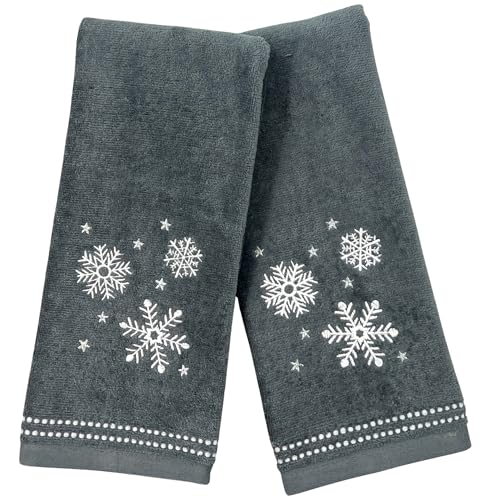 Christmas Hand Bathroom Towels, Set of 2, Embroidered Snowflakes and Stars, Dark Grey Velour Terry Cotton 16" x 25", Winter Holiday Decor for Kitchen or Bath - color: Grey Snowflakes