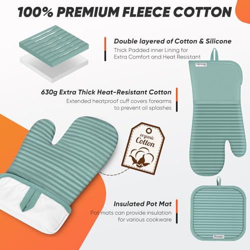 Oven Mitts Kitchen Towels and Dishcloths with Pot Holders Sets, Oven Gloves Hot Pads 500°F Heat Resistant with Silicone Grip, Include 2 Cooking Gloves/2 Potholders/4 Kitchen Towels/4 Dish Towels - color: Mint Green