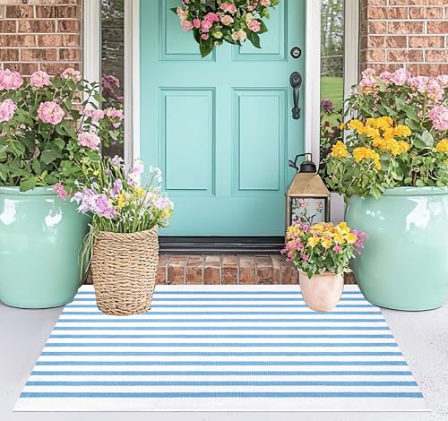 Light Blue White Front Door Mat 24"x35"Washable Striped Layered Doormat | Cotton Woven Farmhouse Front Porch Rug Small Area Rug For Entryway Home Entrance - color: Blue White, size: 2' x 3' (Rectangular)