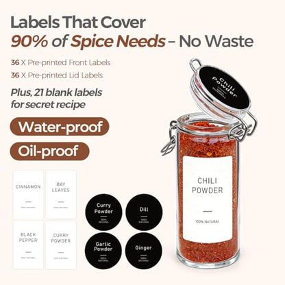 ComSaf Small Glass Spice Jars with Airtight Lids 4 oz 12 Pack with Labels | Seasoning herbs powders, Salt pepper chili, Spice rack cabinet organization, Small size, Funnel included, DIY crafts gifts - size: 4oz*12