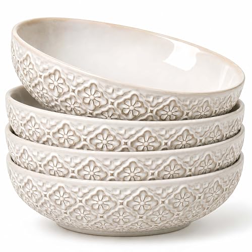 8 inch Pasta Bowls, 22 Oz Ceramic Serving Bowls Set of 4, Embossed Porcelain Salad Bowl, Serving Dishes for Pasta, Salad, Soup, Fruit, Housewarming Gift, Wedding Decor, Oven & Dishwasher Safe - color: White