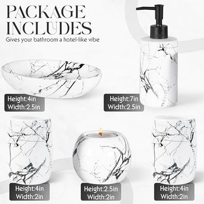 Ceramic Bathroom Accessory Set, 5-Piece Bathroom Accessory Set, Soap Dish, Toothbrush Holder, Soap Dispenser, Bathroom Tumbler & Candle Holder - Modern Bathroom Organizer, (White & Black) - color: White and Black