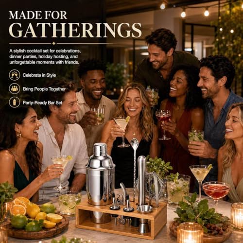 Cocktail Shaker Set, 18/8 Food-Grade Stainless Steel Mixology Bartender Kit 10-Piece Bar Tools with Stylish Bamboo Stand - Rust-Proof & Dishwasher Safe - Professional Martini Shaker Gift for Men, Dad