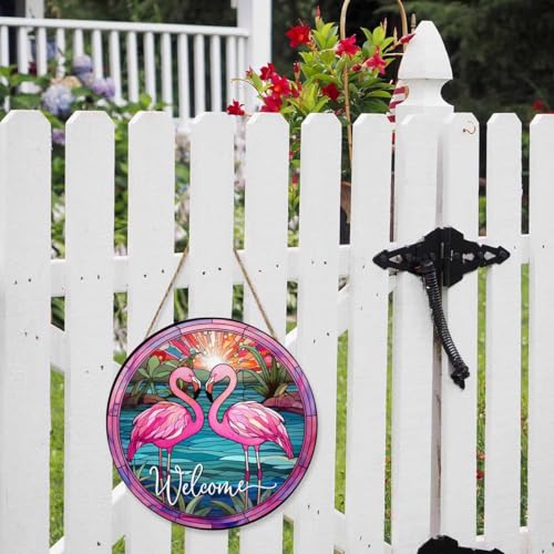 Welcome Porch Wood Sign Flamingos by The Sunset River Round Hanging Plaque Sign for Porch Yard, Housewarming Present, 12x12inch - color: Style 10